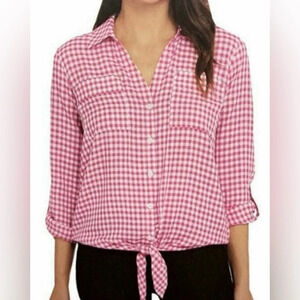 JONES NEW YORK tie front button up long roll up tab sleeve gingham NEW size L